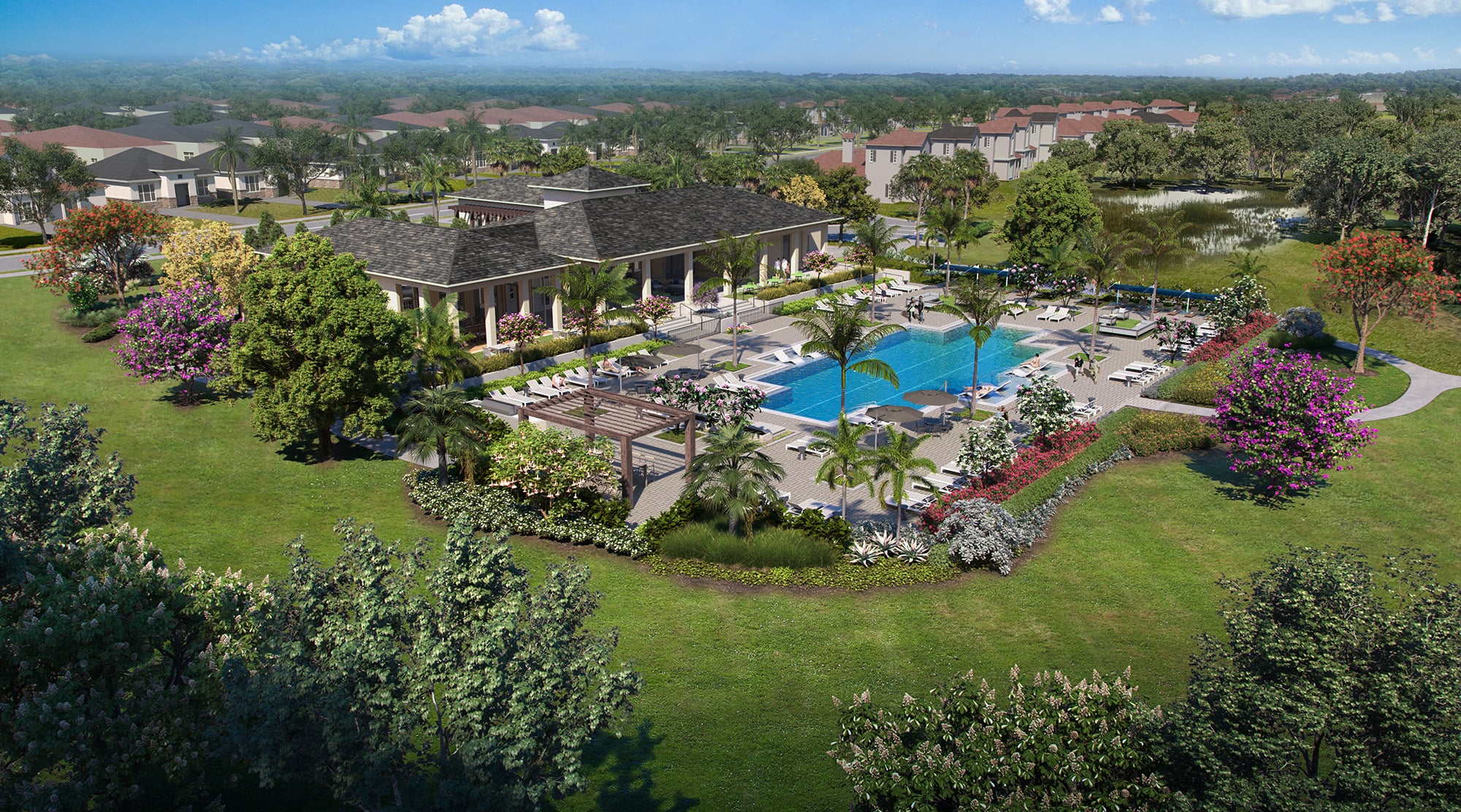 Aerial view rendering of clubhouse and resort-style pool