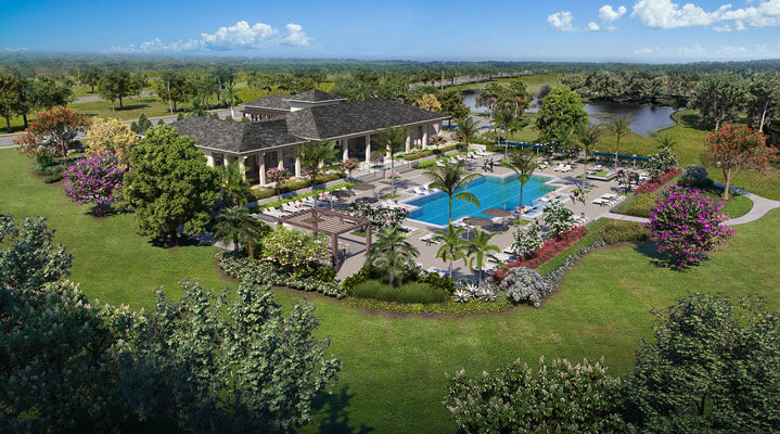 Aerial view rendering of clubhouse and resort-style pool